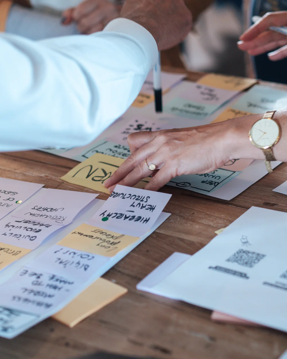 Hands sorting research cards on a table